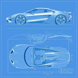 A detailed blueprint illustration of a modern sports car, showcasing its exterior and interior design