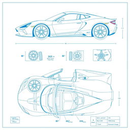 A detailed blueprint illustration of a modern sports car, showcasing its exterior and interior design