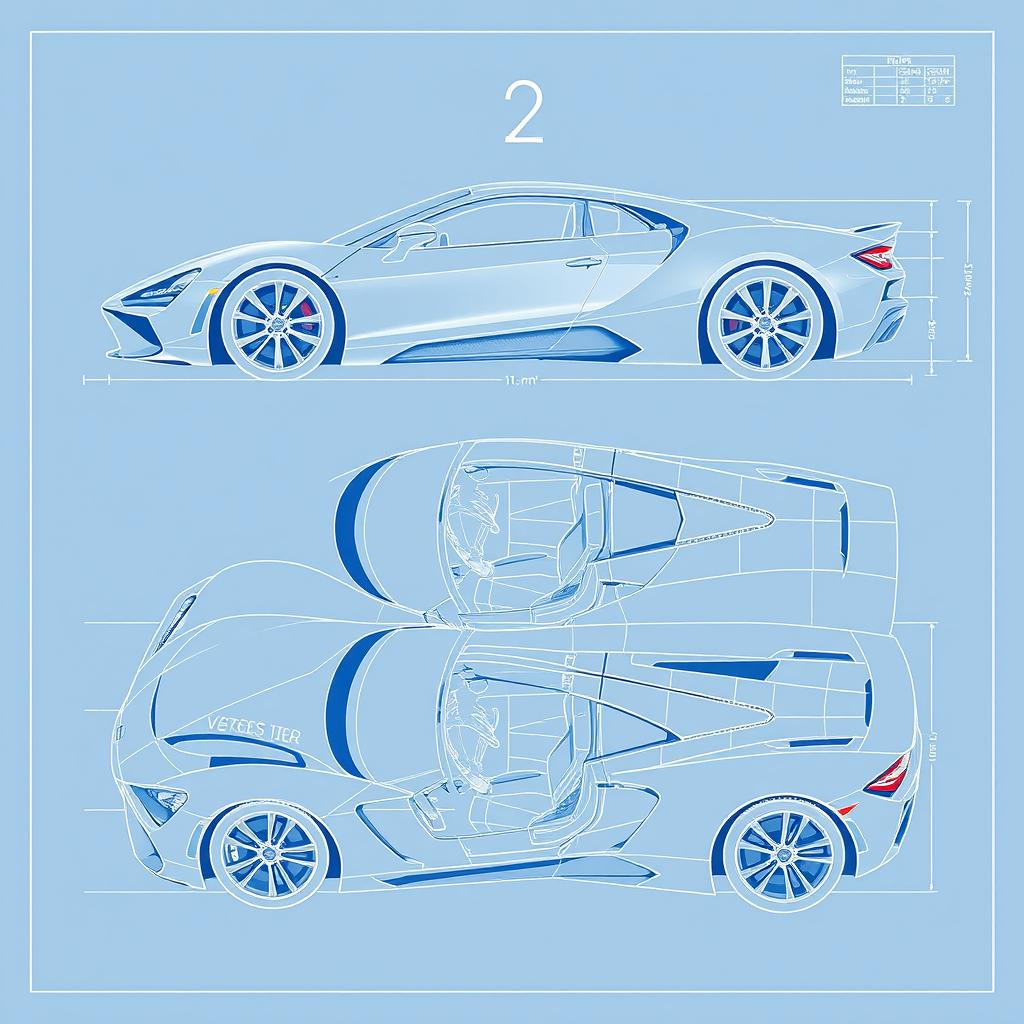 A detailed blueprint illustration of a modern sports car, showcasing its exterior and interior design