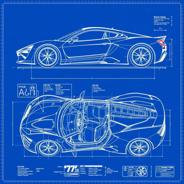 A detailed blueprint illustration of a modern sports car, showcasing its exterior and interior design