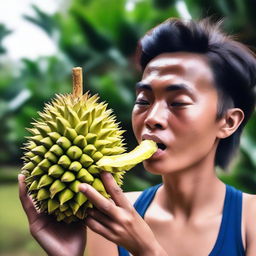 An individual amusingly munching on the angular, spiky shell of a durian fruit, devoid of its typical fleshy inside, their facial expression one of peculiar satisfaction