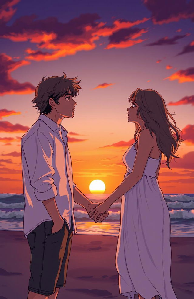 A poignant scene capturing the love story of two individuals standing on a deserted beach at sunset, gazing into each other's eyes with uncertainty and longing