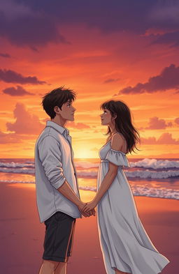 A poignant scene capturing the love story of two individuals standing on a deserted beach at sunset, gazing into each other's eyes with uncertainty and longing