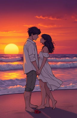 A poignant scene capturing the love story of two individuals standing on a deserted beach at sunset, gazing into each other's eyes with uncertainty and longing