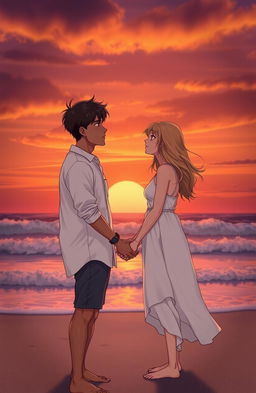 A poignant scene capturing the love story of two individuals standing on a deserted beach at sunset, gazing into each other's eyes with uncertainty and longing