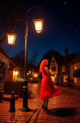 A serene village at night, illuminated by soft streetlights