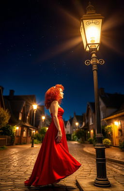 A serene village at night, illuminated by soft streetlights