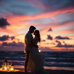 An enchanting scene depicting a love story unfolding against a stunning twilight beach backdrop