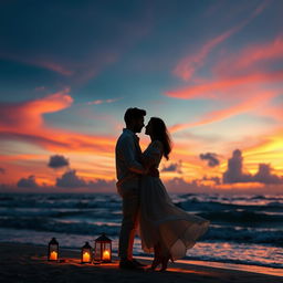 An enchanting scene depicting a love story unfolding against a stunning twilight beach backdrop