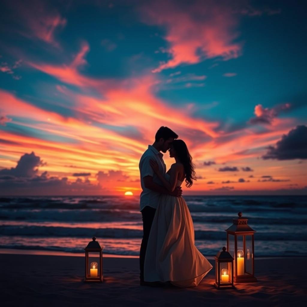 An enchanting scene depicting a love story unfolding against a stunning twilight beach backdrop