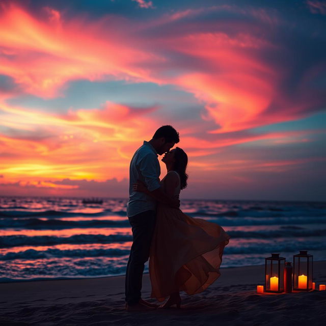 An enchanting scene depicting a love story unfolding against a stunning twilight beach backdrop