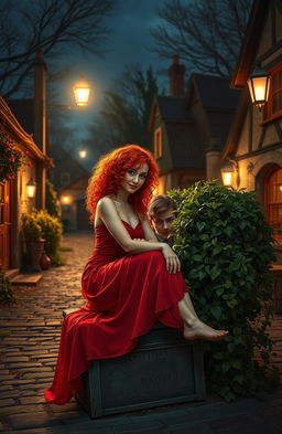 A quaint village at night illuminated by soft lamplight
