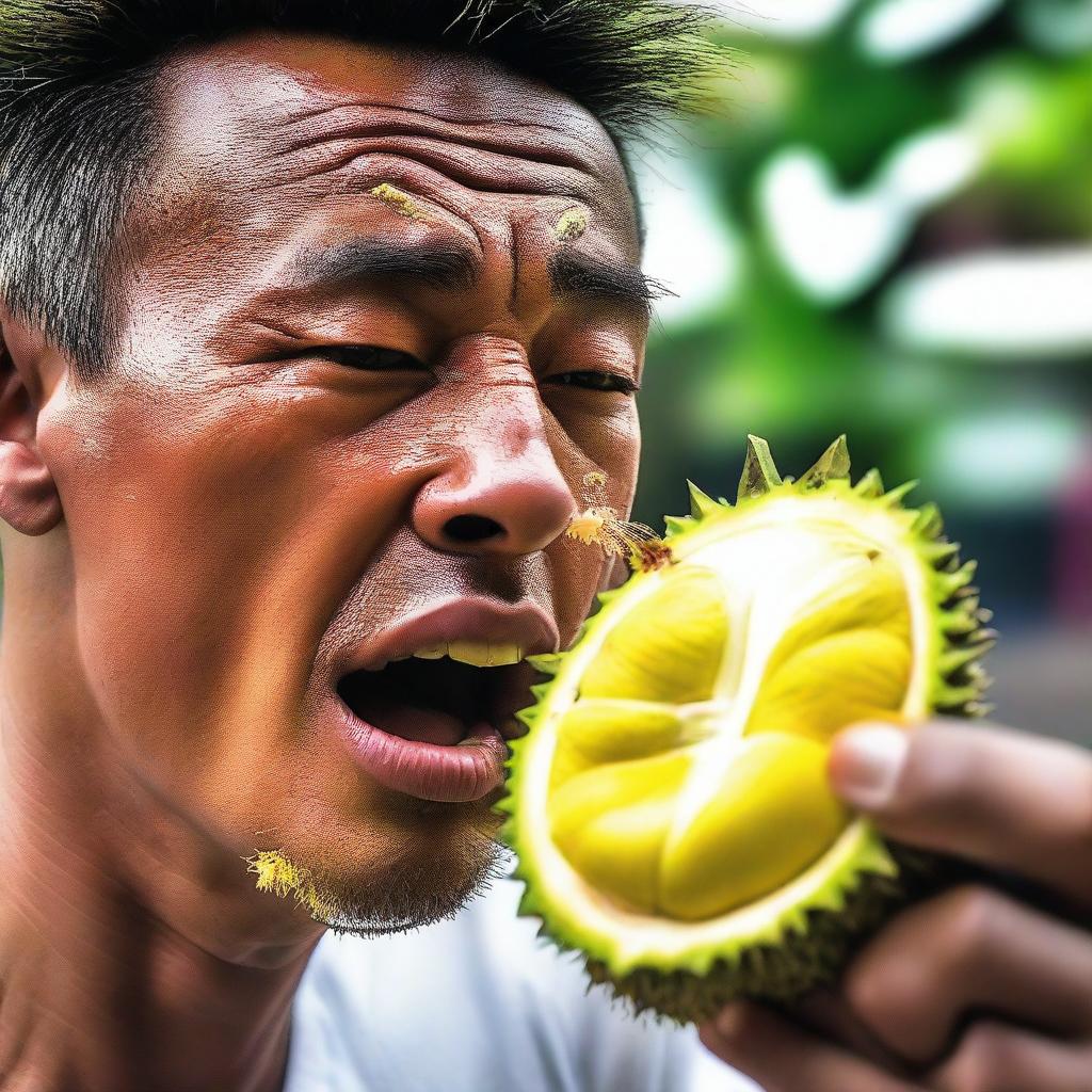 A daring individual attempting to eat the sharp, spiky thorns of a durian peel, a mixture of audacity and unease reflected on their face