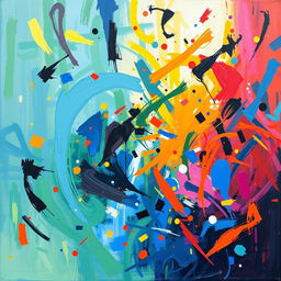An abstract interpretation of a vibrant and chaotic scene filled with swirling colors, bold brushstrokes, and dynamic forms, evoking a sense of energy and confusion