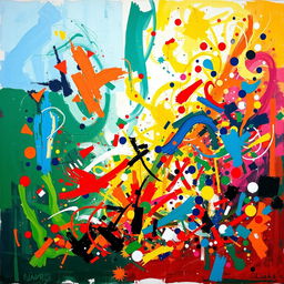 An abstract interpretation of a vibrant and chaotic scene filled with swirling colors, bold brushstrokes, and dynamic forms, evoking a sense of energy and confusion