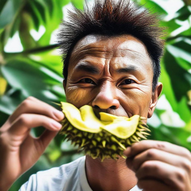 A daring individual attempting to eat the sharp, spiky thorns of a durian peel, a mixture of audacity and unease reflected on their face