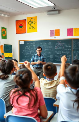 A modern classroom full of enthusiastic students engaged in a vibrant math lesson led by a passionate teacher named Milan