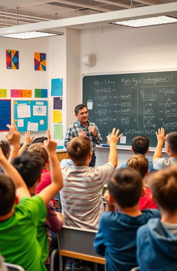 A modern classroom full of enthusiastic students engaged in a vibrant math lesson led by a passionate teacher named Milan