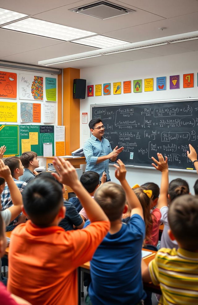 A modern classroom full of enthusiastic students engaged in a vibrant math lesson led by a passionate teacher named Milan