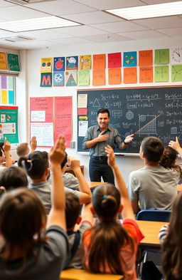 A modern classroom full of enthusiastic students engaged in a vibrant math lesson led by a passionate teacher named Milan