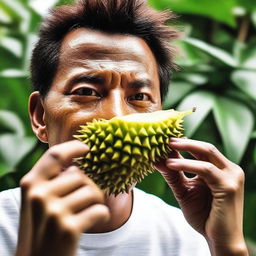 A daring individual attempting to eat the sharp, spiky thorns of a durian peel, a mixture of audacity and unease reflected on their face