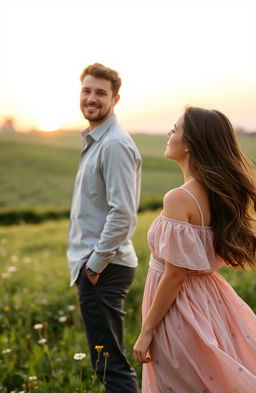A woman gazing longingly at her man from a distance, standing in a picturesque landscape at golden hour