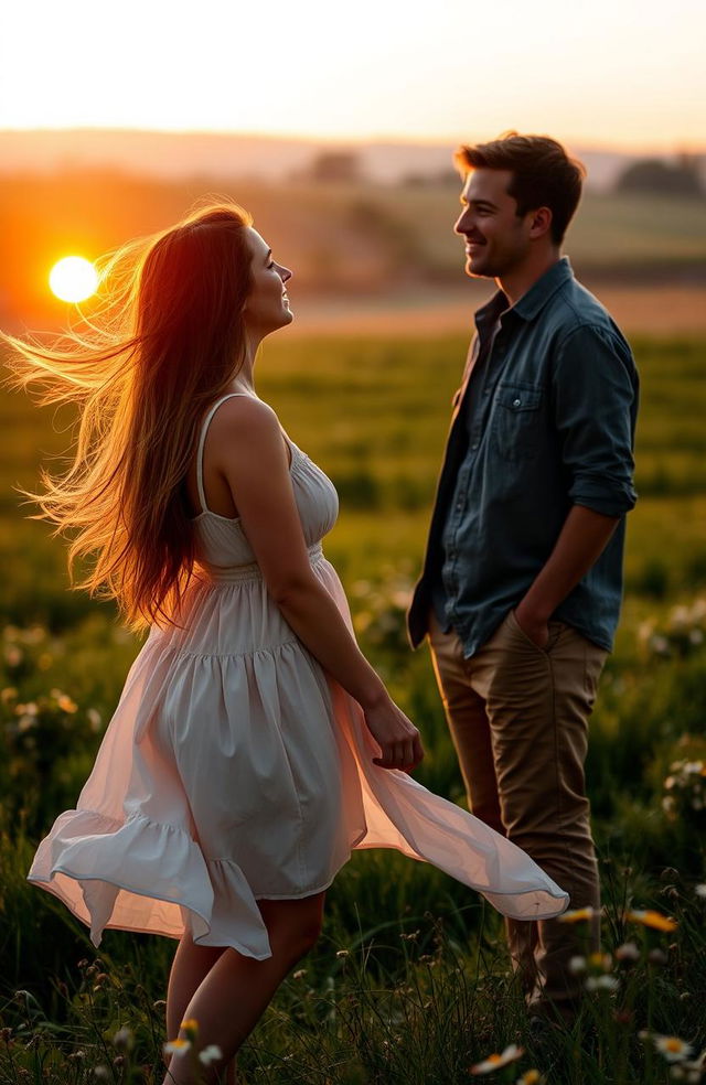 A woman gazing longingly at her man from a distance, standing in a picturesque landscape at golden hour