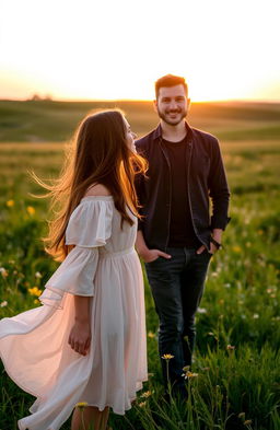 A woman gazing longingly at her man from a distance, standing in a picturesque landscape at golden hour