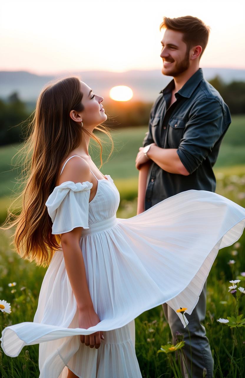 A woman gazing longingly at her man from a distance, standing in a picturesque landscape at golden hour