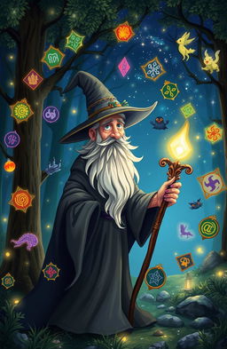 A whimsical and enchanting scene featuring a mysterious wizard with flowing robes and a pointed hat, surrounded by 21 magical symbols and conjurations that float around him in mid-air