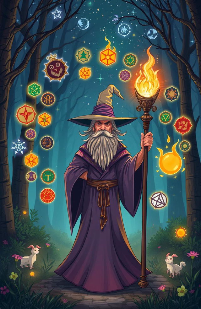 A whimsical and enchanting scene featuring a mysterious wizard with flowing robes and a pointed hat, surrounded by 21 magical symbols and conjurations that float around him in mid-air