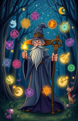 A whimsical and enchanting scene featuring a mysterious wizard with flowing robes and a pointed hat, surrounded by 21 magical symbols and conjurations that float around him in mid-air