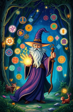 A whimsical and enchanting scene featuring a mysterious wizard with flowing robes and a pointed hat, surrounded by 21 magical symbols and conjurations that float around him in mid-air