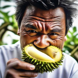 A daring individual attempting to eat the sharp, spiky thorns of a durian peel, a mixture of audacity and unease reflected on their face