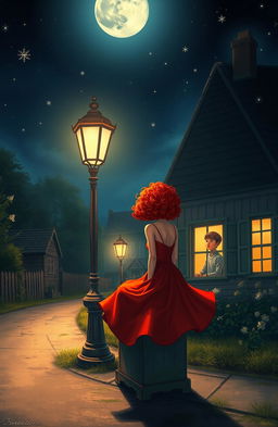 A serene village at night, illuminated by moonlight and soft lamplight