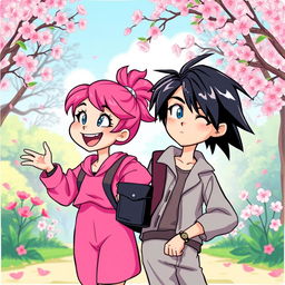 An engaging and colorful illustration showcasing two siblings, a girl with bright pink hair and a boy with sleek black hair