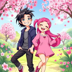 An engaging and colorful illustration showcasing two siblings, a girl with bright pink hair and a boy with sleek black hair