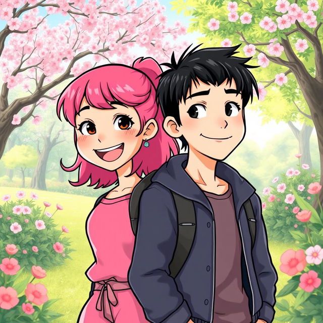 An engaging and colorful illustration showcasing two siblings, a girl with bright pink hair and a boy with sleek black hair