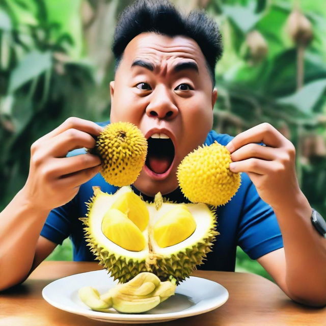 An adventurous mukbang host seen in the middle of an unusual food challenge, attempting to consume the sharp, spiky thorns of a durian peel with a camera recording their reactions