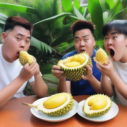 An adventurous mukbang host seen in the middle of an unusual food challenge, attempting to consume the sharp, spiky thorns of a durian peel with a camera recording their reactions