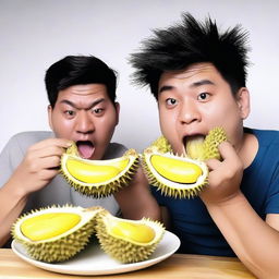 An adventurous mukbang host seen in the middle of an unusual food challenge, attempting to consume the sharp, spiky thorns of a durian peel with a camera recording their reactions