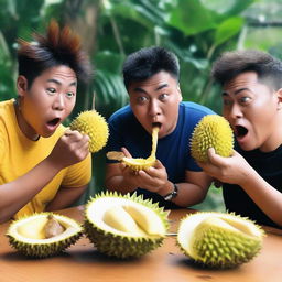 An adventurous mukbang host seen in the middle of an unusual food challenge, attempting to consume the sharp, spiky thorns of a durian peel with a camera recording their reactions