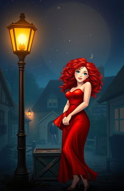 A picturesque village scene at night, illuminated by a warm glow from a vintage lamp post