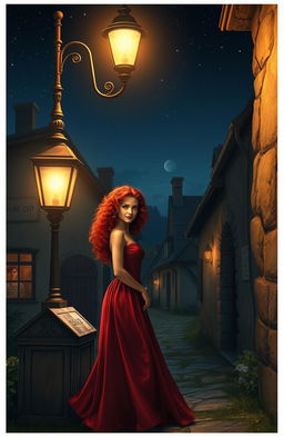A picturesque village scene at night, illuminated by a warm glow from a vintage lamp post