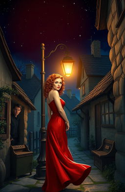 A picturesque village scene at night, illuminated by a warm glow from a vintage lamp post