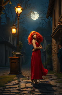 A serene village scene at night, featuring a lady with vibrant red curly hair standing gracefully under a vintage lamp post, radiating a warm glow