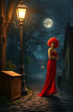 A serene village scene at night, featuring a lady with vibrant red curly hair standing gracefully under a vintage lamp post, radiating a warm glow