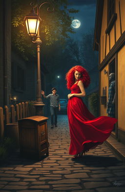 A serene village scene at night, featuring a lady with vibrant red curly hair standing gracefully under a vintage lamp post, radiating a warm glow