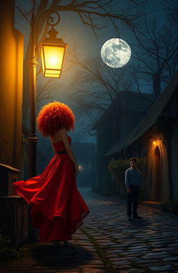 A serene village scene at night, featuring a lady with vibrant red curly hair standing gracefully under a vintage lamp post, radiating a warm glow