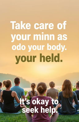 A public service announcement (PSA) poster promoting mental health awareness, featuring a serene and calming nature scene with a sunrise over a tranquil lake